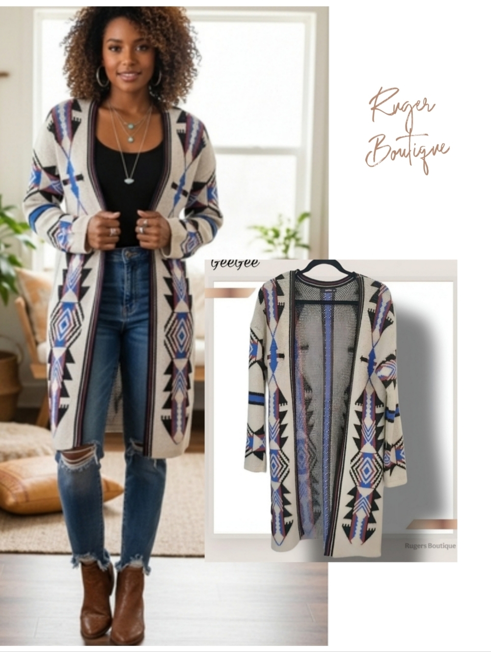 🌿GeeGee Women's Small/Medium Longsleeve Acrylic Aztec Tan Split Hem Cardigan